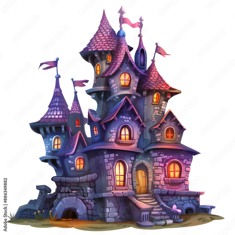 Fototapeta premium Colorful whimsical castle with glowing windows, featuring multiple turrets and charming architecture, perfect for fantasy-themed designs.