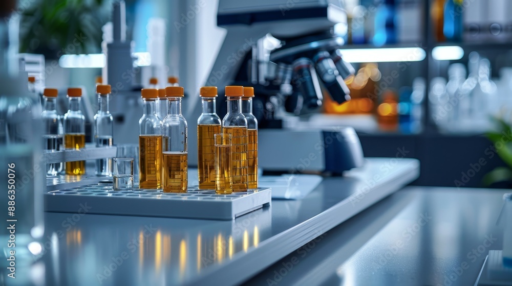 modern lab concept with various test tubes and beakers on desk, showing scientific exploration and leaving room for text, emphasizing diversity in research modern lab concept with various test tubes and beakers on desk, showing scientific exploration and leaving room for text, emphasizing diversity in research