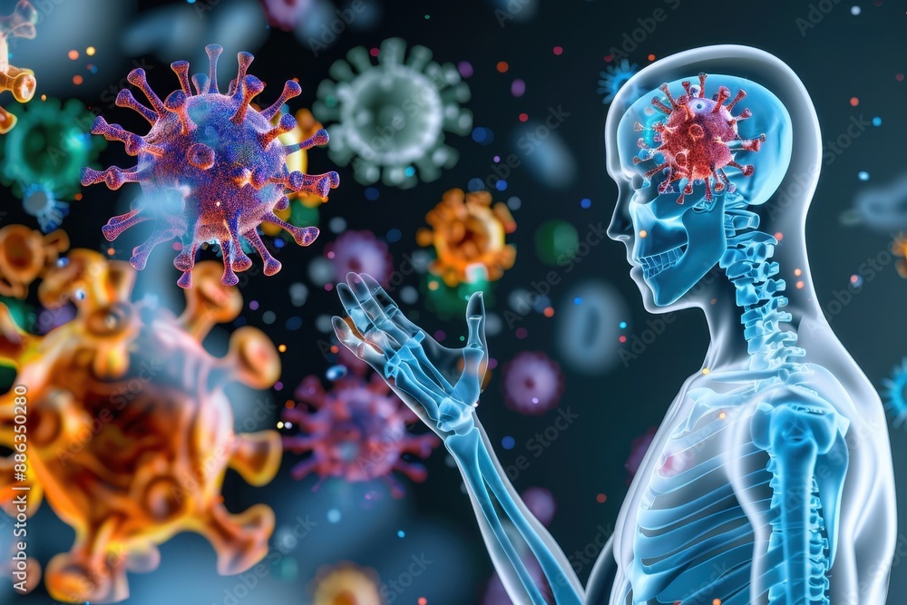 A detailed 3D illustration depicting a human skeleton interacting with colorful virus particles, highlighting the relationship between viruses and the human body. A detailed 3D illustration depicting a human skeleton interacting with colorful virus particles, highlighting the relationship between viruses and the human body.