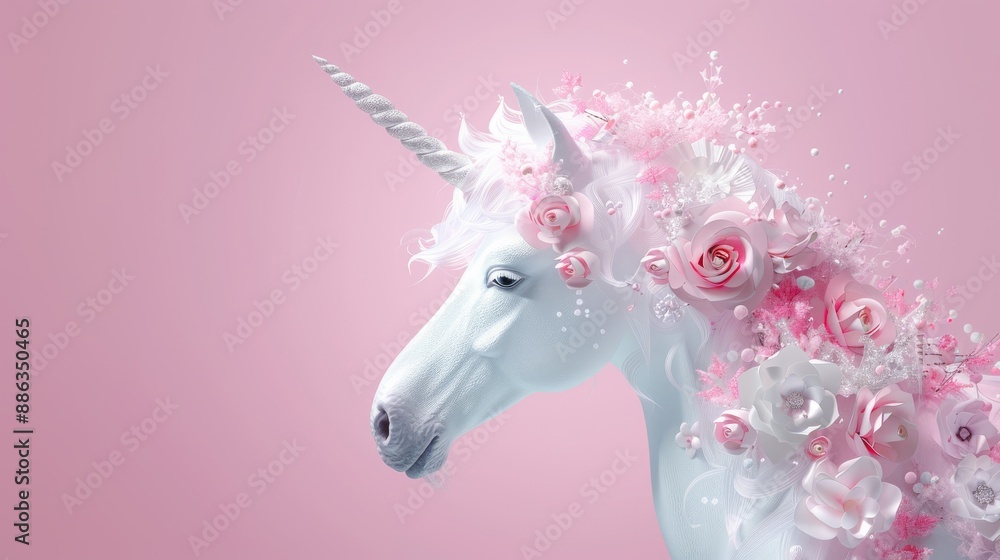 Beautiful white unicorn with pink roses on a pastel pink background. Fantasy, elegance, and magic in a dreamy composition. Beautiful white unicorn with pink roses on a pastel pink background. Fantasy, elegance, and magic in a dreamy composition.