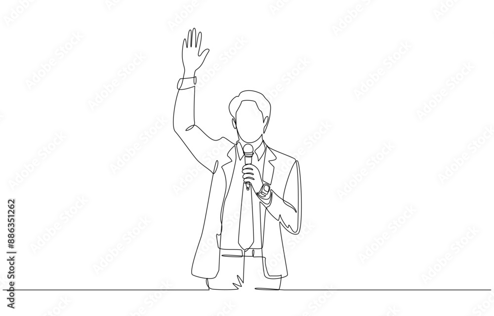 Continuous one line drawing of businessman speaking into microphone and raising hand, business seminar mc concept, single line art. Continuous one line drawing of businessman speaking into microphone and raising hand, business seminar mc concept, single line art.