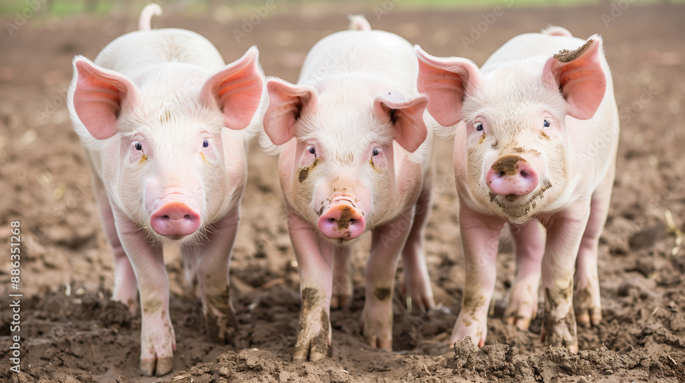 Three cute pigs with muddy snouts standing close together in a muddy field, capturing a playful farm moment. Three cute pigs with muddy snouts standing close together in a muddy field, capturing a playful farm moment.
