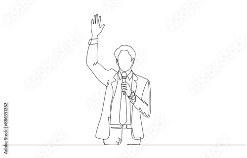 Continuous one line drawing of businessman speaking into microphone and raising hand, business seminar mc concept, single line art.