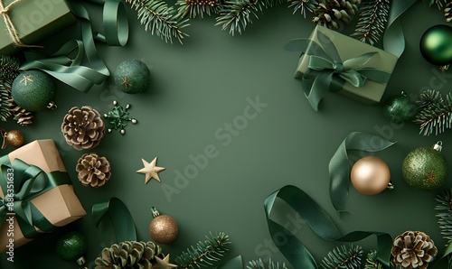 Green Christmas Decorations Flat Lay With Gifts photo