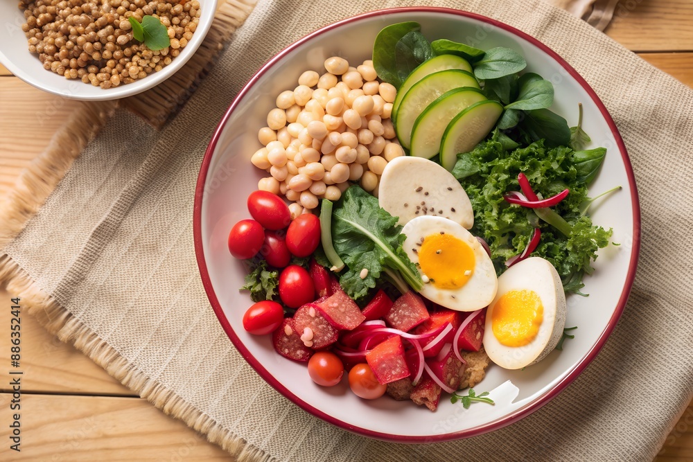 Plate with green salad, tomatoes, eggs, beans and cucumbers Plate with green salad, tomatoes, eggs, beans and cucumbers