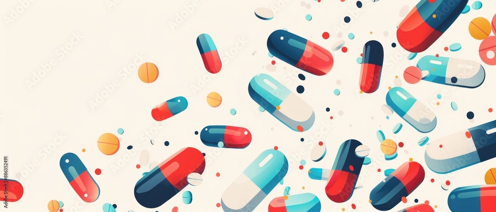 A flat design illustration depicting a minimalistic medical background with 3D elements like capsules and medical charts. The clean design and ample copy space make it ideal for health-related A flat design illustration depicting a minimalistic medical background with 3D elements like capsules and medical charts. The clean design and ample copy space make it ideal for health-related