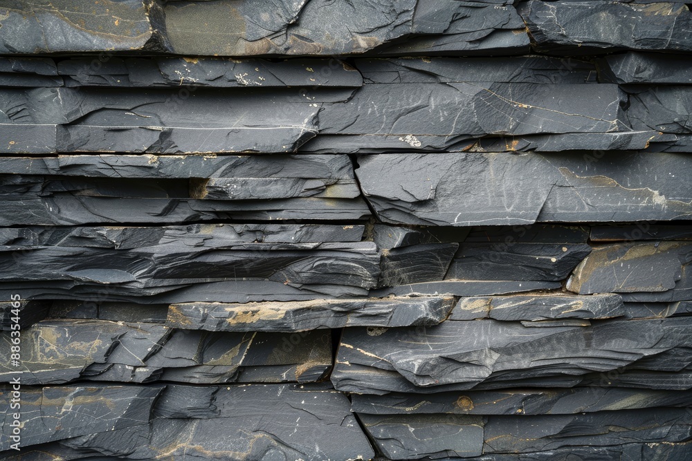 Detailed view of a layered and uneven black stone wall up close, Depict the layered and uneven surface of slate Detailed view of a layered and uneven black stone wall up close, Depict the layered and uneven surface of slate