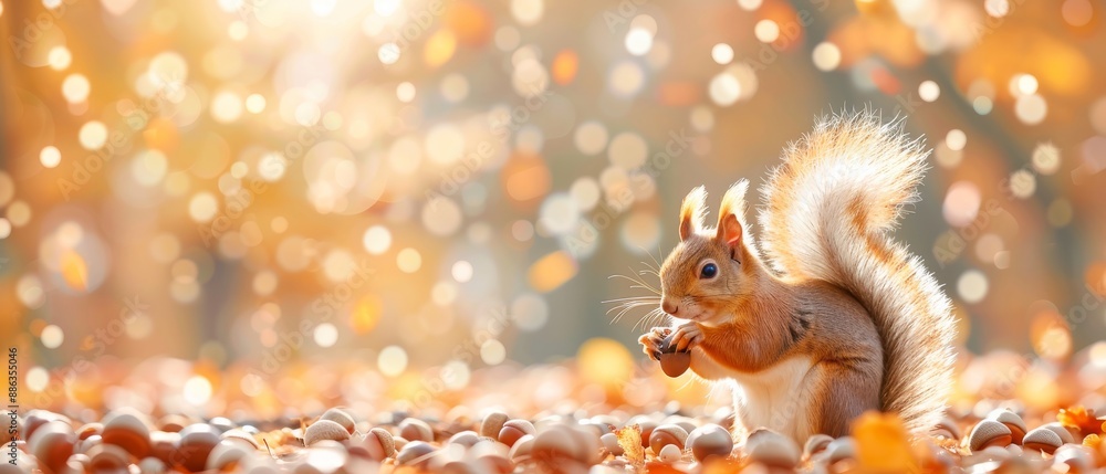 Obraz premium Cute squirrel in a vibrant autumn forest, surrounded by fallen leaves and acorns with a glowing bokeh background.