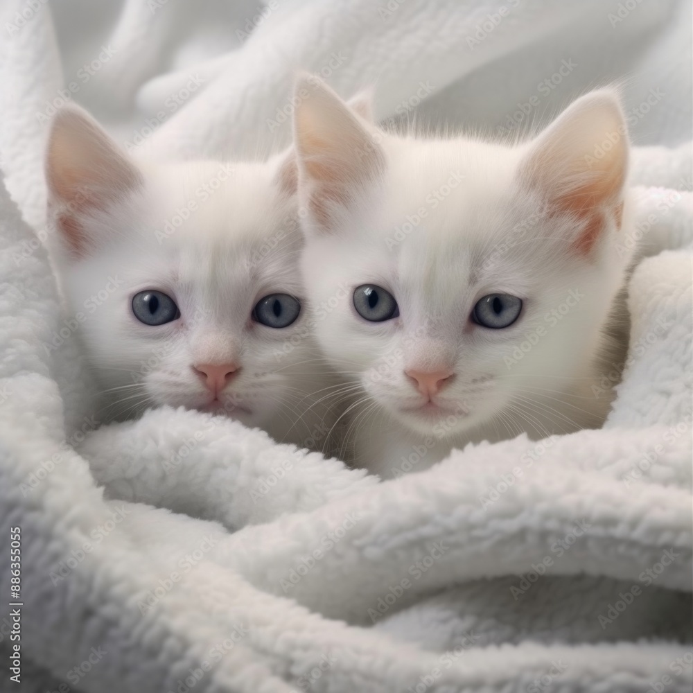 Obraz premium Two White Kittens Snuggle In A Plush Blanket