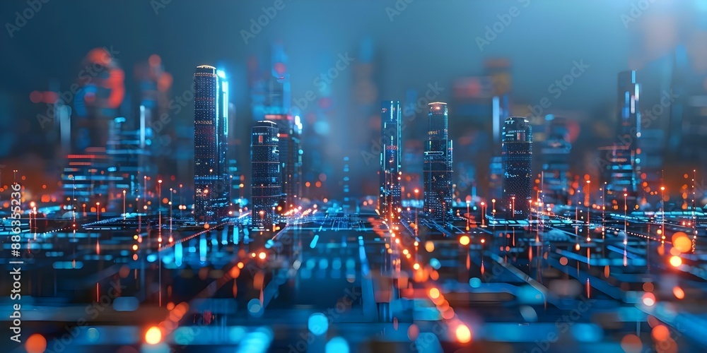 Fototapeta premium Futuristic Metaverse Cityscape Illuminated by Glowing Digital Lights and Advanced Technology. Concept Futuristic Technology, Metaverse Cityscape, Digital Lights, Advanced Technology