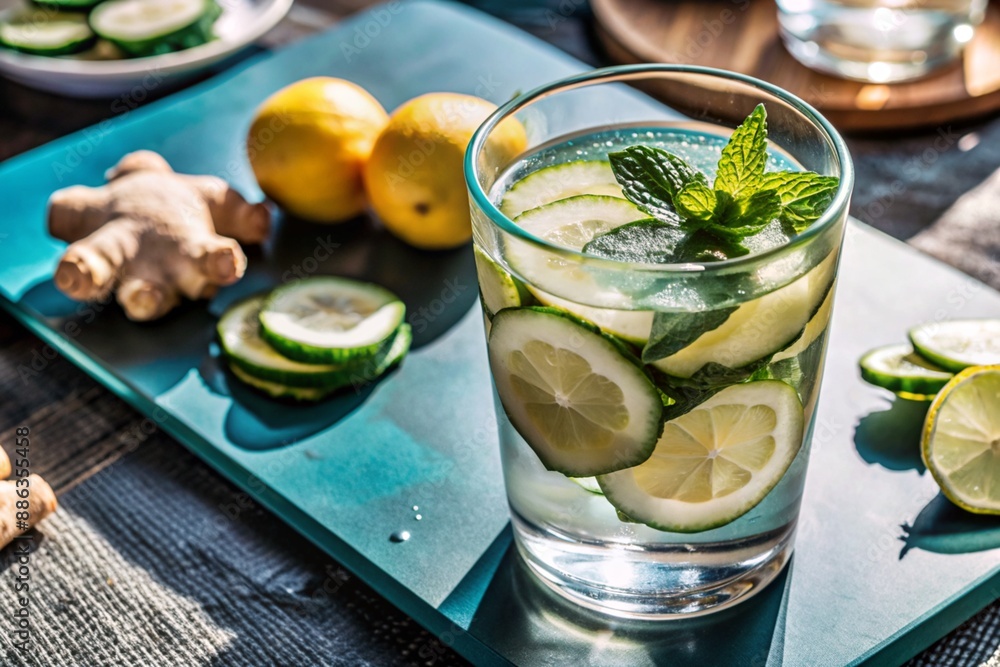 Detoxifying water with cucumber, lemon, lime, ginger and mint for a healthy diet. Detoxifying water with cucumber, lemon, lime, ginger and mint for a healthy diet.