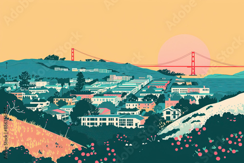 Risograph riso print travel poster, card, wallpaper or banner illustration, modern, isolated, clear, simple of Daly City, California, USA. Artistic, screen printing, stencil photo