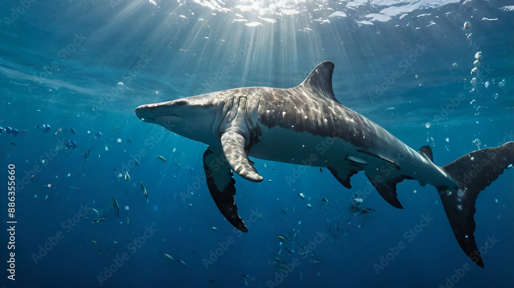 Naklejka premium hammerhead whale swimming underwater under sea life with bubbles and sunbeams in blue deep water, sea life wide banner poster with copy space