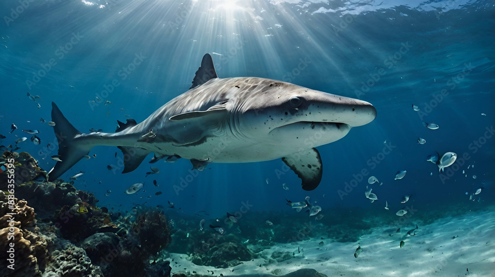 Fototapeta premium hammerhead whale swimming underwater under sea life with bubbles and sunbeams in blue deep water, sea life wide banner poster with copy space