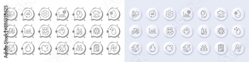 Water drop, Graph chart and Report line icons. White pin 3d buttons, chat bubbles icons. Pack of Update data, Execute, Graph icon. Vitamin n, Fire energy, Stress pictogram. Vector