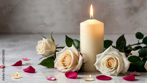 Beautiful roses and flowers petals,  with burning white candles