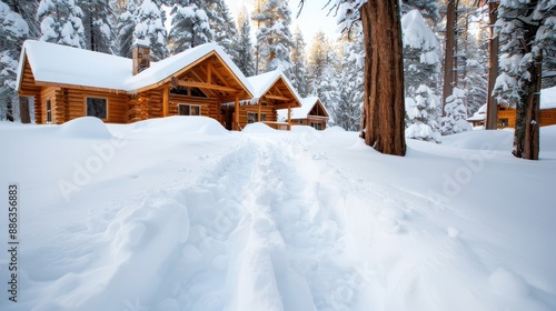 Wallpaper Mural Log cabins nestled among tall trees in a serene, snow-covered landscape, with deep snow and clear paths leading to the cabins, capturing the essence of winter tranquility. Torontodigital.ca