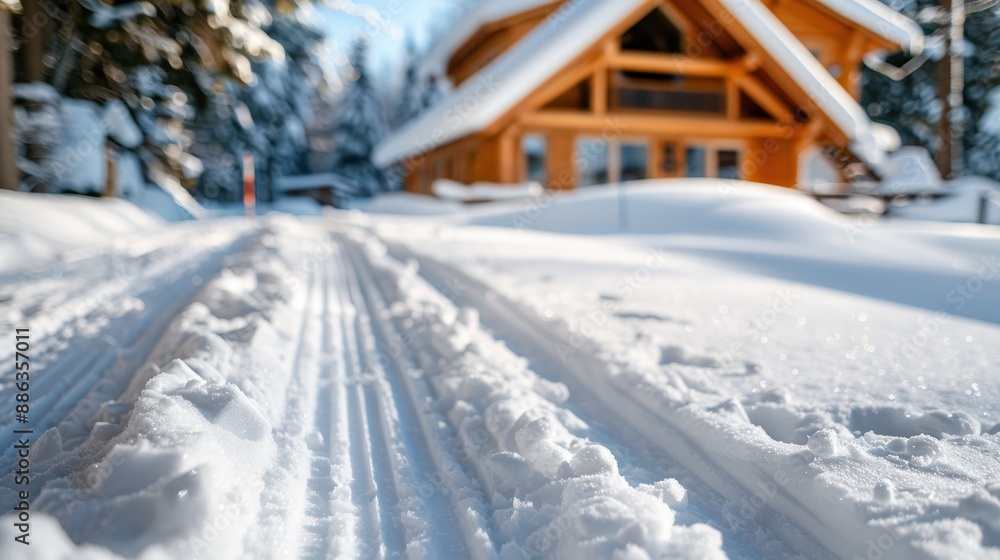 Tracks left by skiers carve through the fresh snow, creating a pathway to a warm, wooden cabin situated in a sunlit forest, illustrating a perfect winter retreat. Tracks left by skiers carve through the fresh snow, creating a pathway to a warm, wooden cabin situated in a sunlit forest, illustrating a perfect winter retreat.