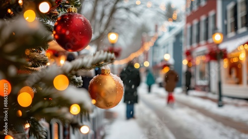 A beautifully decorated Christmas tree with red and gold ornaments stands on a snowy street, illuminated by warm yellow lights, with people walking in the background. photo