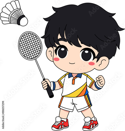 Cute cartoon boy playing badminton with a racket and shuttlecock, wearing a sports outfit.