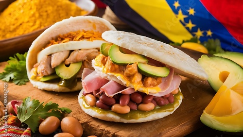 traditional food in colombia or venezuela named arepa made with corn meal cheese, chicken maize and ham avocado corn and beans photo