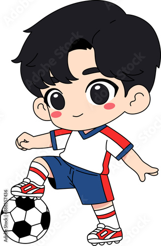 Cute cartoon boy playing soccer with a soccer ball, wearing a sports outfit.