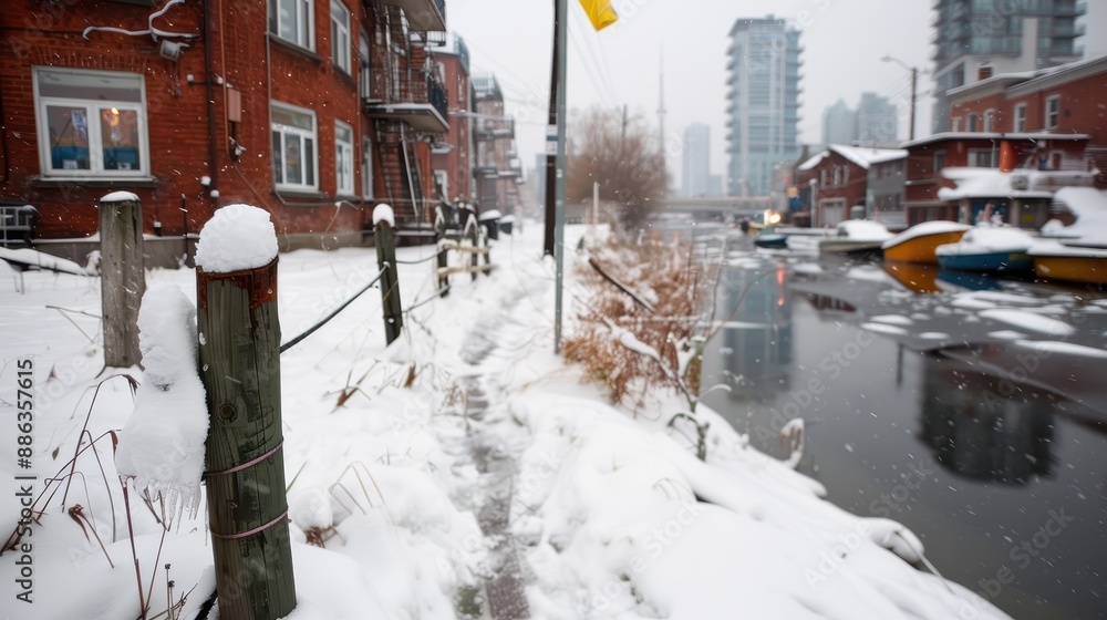 Fototapeta premium A snow-covered path runs alongside a canal in an urban setting. The photo features buildings, boats, and a serene view of the cityscape blanketed in snow.