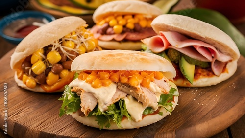 traditional food in colombia or venezuela named arepa made with corn meal cheese, chicken maize and ham avocado corn and beans photo