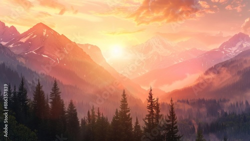 Sunset in the mountains. Beautiful landscape with mountains and forest