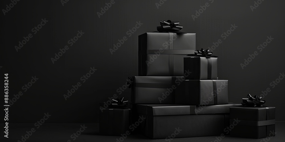 Black gift boxes positioned against a dark backdrop, illustrating the concept of Black Friday discounts Black gift boxes positioned against a dark backdrop, illustrating the concept of Black Friday discounts