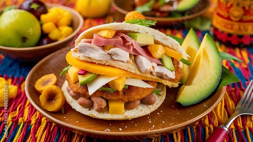 traditional food in colombia or venezuela named arepa made with corn meal cheese, chicken maize and ham avocado corn and beans photo