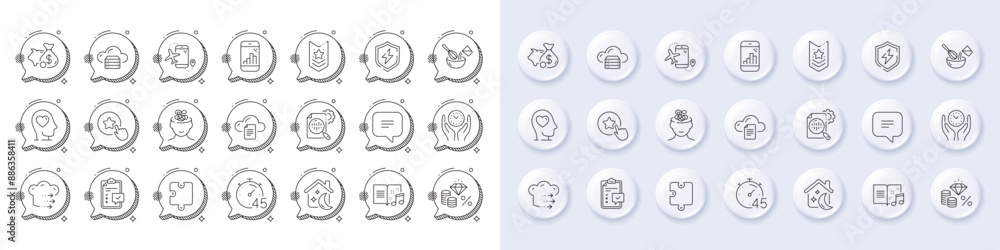 File storage, Cloud server and Puzzle line icons. White pin 3d buttons, chat bubbles icons. Pack of Loyalty star, Checklist, Cooking whisk icon. Vector File storage, Cloud server and Puzzle line icons. White pin 3d buttons, chat bubbles icons. Pack of Loyalty star, Checklist, Cooking whisk icon. Vector