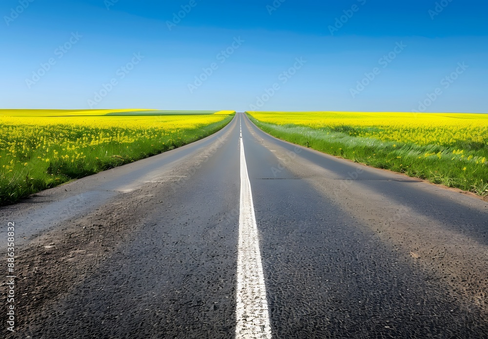Asphalt Road Through Yellow Rapeseed Field Asphalt Road Through Yellow Rapeseed Field