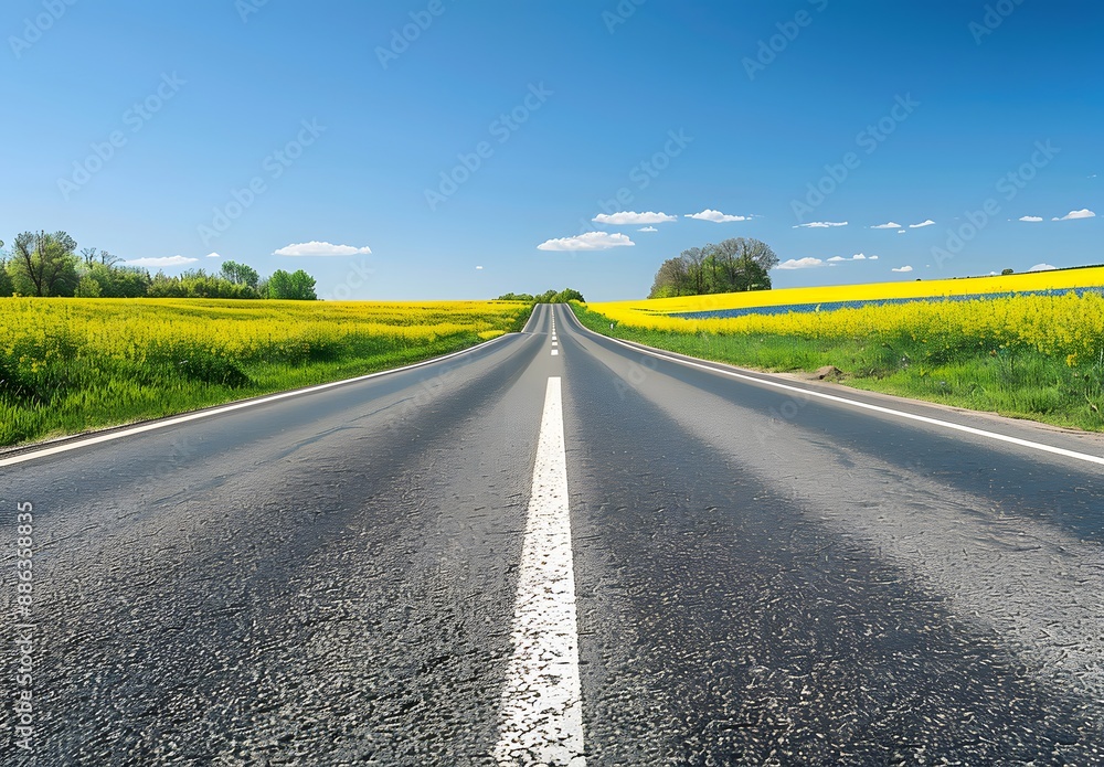 Empty Asphalt Road Through Yellow Rapeseed Field Empty Asphalt Road Through Yellow Rapeseed Field