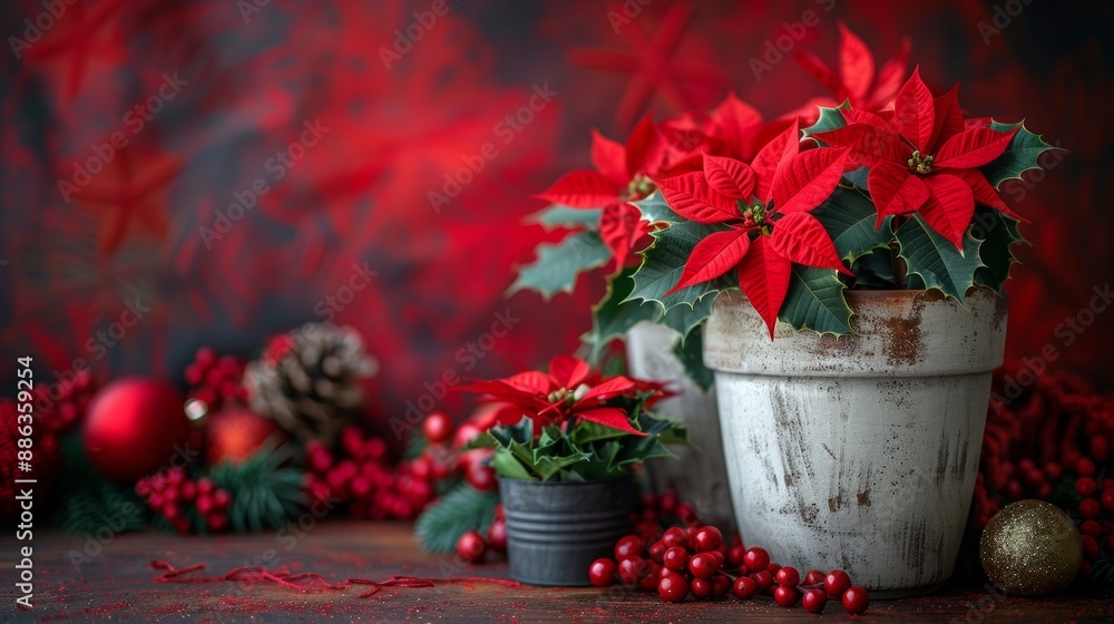 Christmas decorations on a red background, minimal layout design for product presentation. Christmas decorations on a red background, minimal layout design for product presentation.