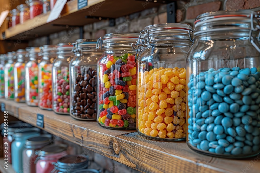 A vibrant candy store display with jars filled with different types of candies, including licorice, gumdrops, and taffy. A vibrant candy store display with jars filled with different types of candies, including licorice, gumdrops, and taffy.