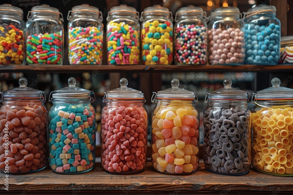 A vibrant candy store display with jars filled with different types of candies, including licorice, gumdrops, and taffy. A vibrant candy store display with jars filled with different types of candies, including licorice, gumdrops, and taffy.