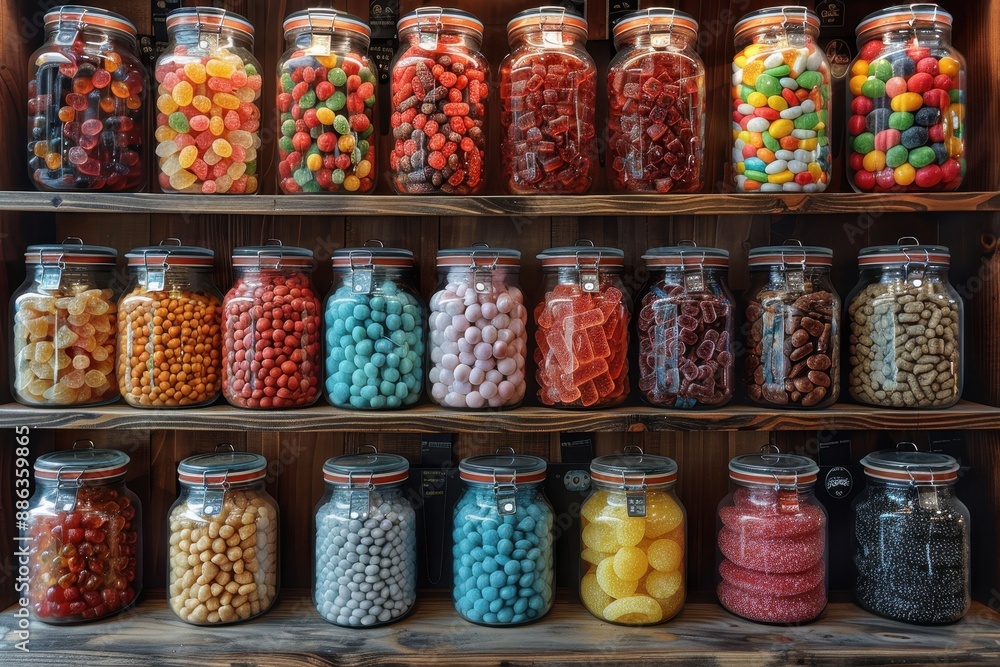 A vibrant candy store display with jars filled with different types of candies, including licorice, gumdrops, and taffy. A vibrant candy store display with jars filled with different types of candies, including licorice, gumdrops, and taffy.
