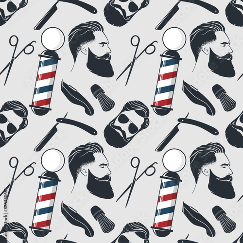 Barbershop seamless pattern with hipster face, hairdressing scissors and razor. Vector illustration