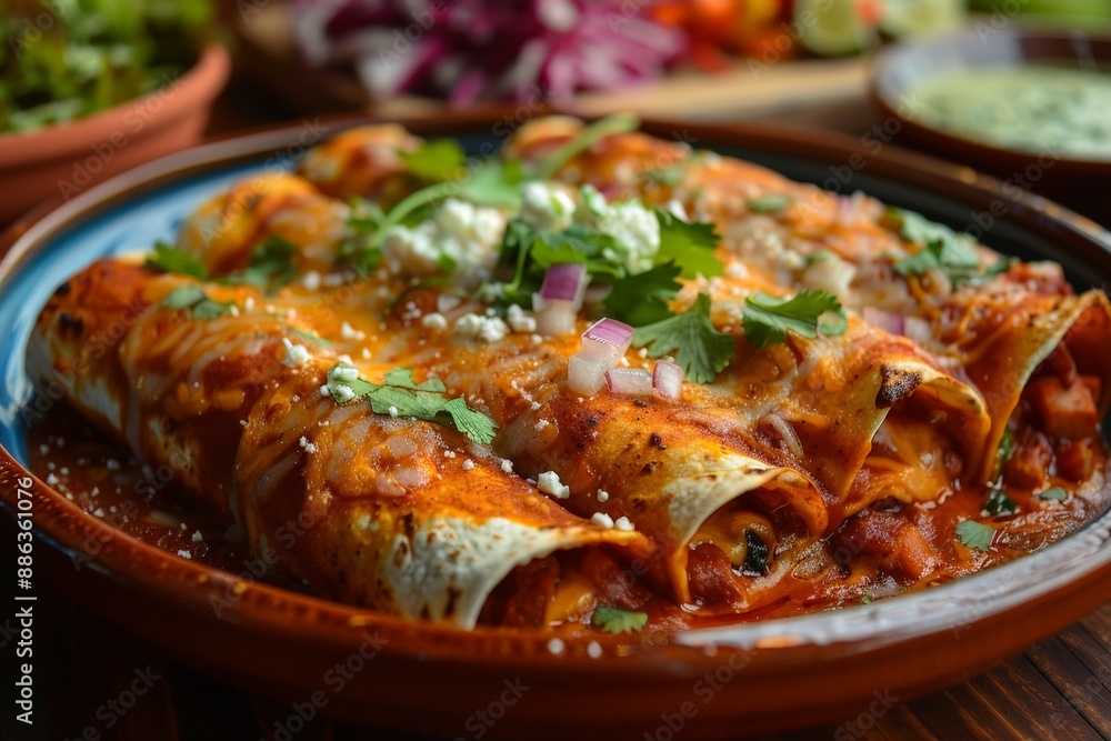 Enchiladas with sauce and cheese suspended in mid-air Enchiladas with sauce and cheese suspended in mid-air