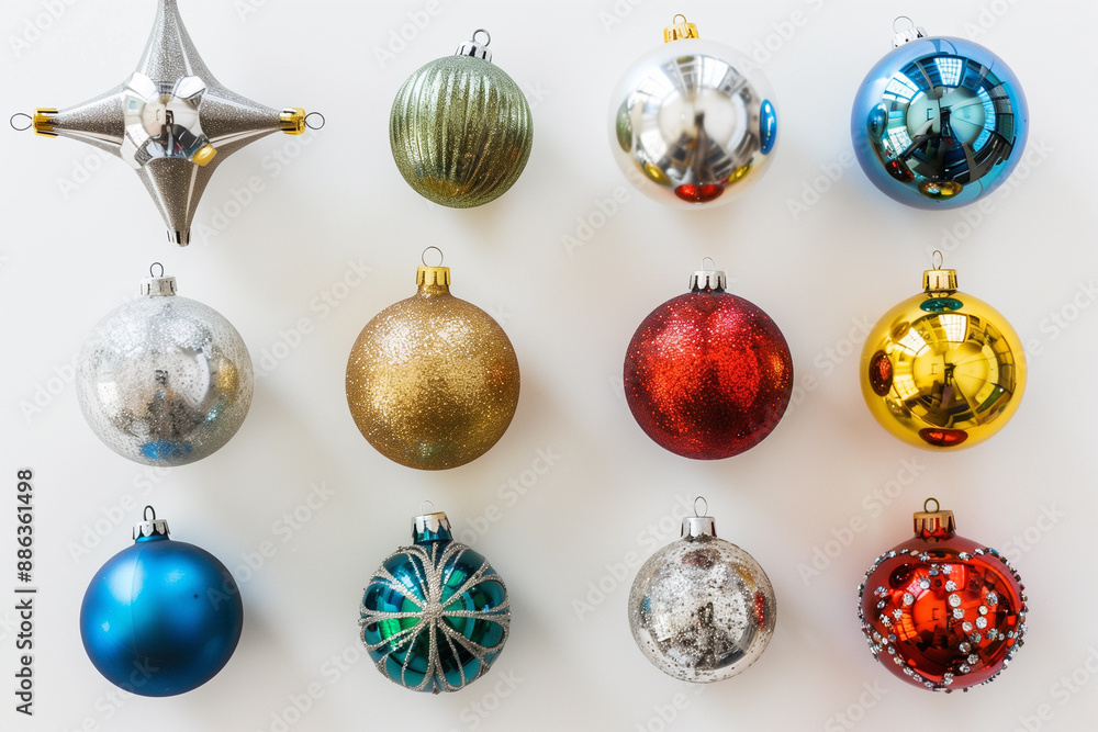A collection of Christmas ornaments in various shapes and colors, set against a pristine white background. A collection of Christmas ornaments in various shapes and colors, set against a pristine white background.
