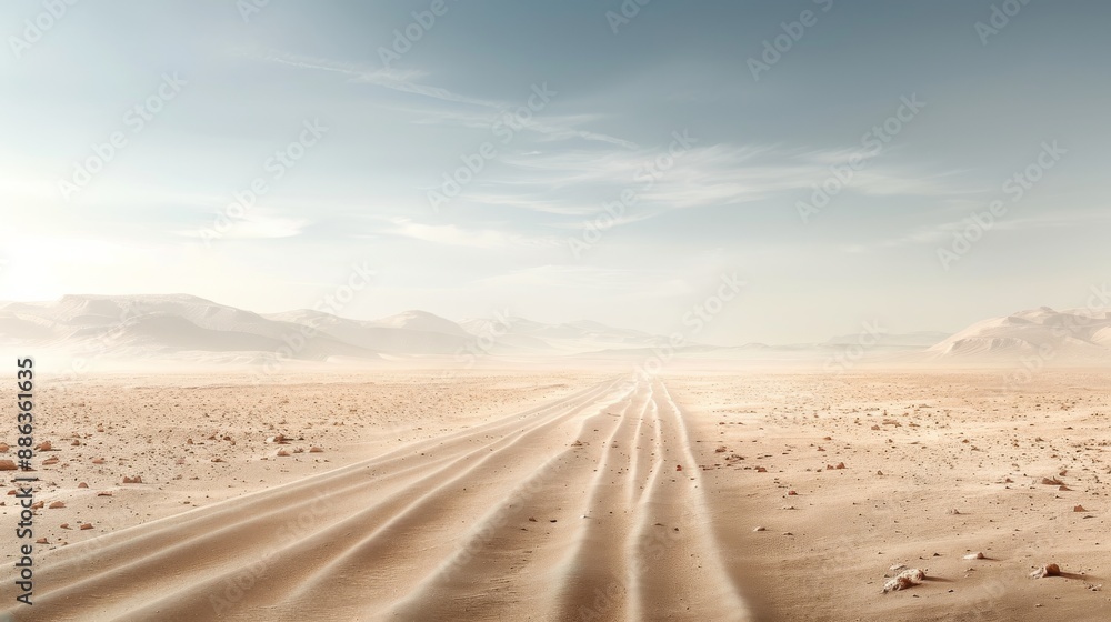 Scenic desert landscape with sand dunes and off-road tire tracks under a clear blue sky, capturing the vast and serene nature of the sand dunes.