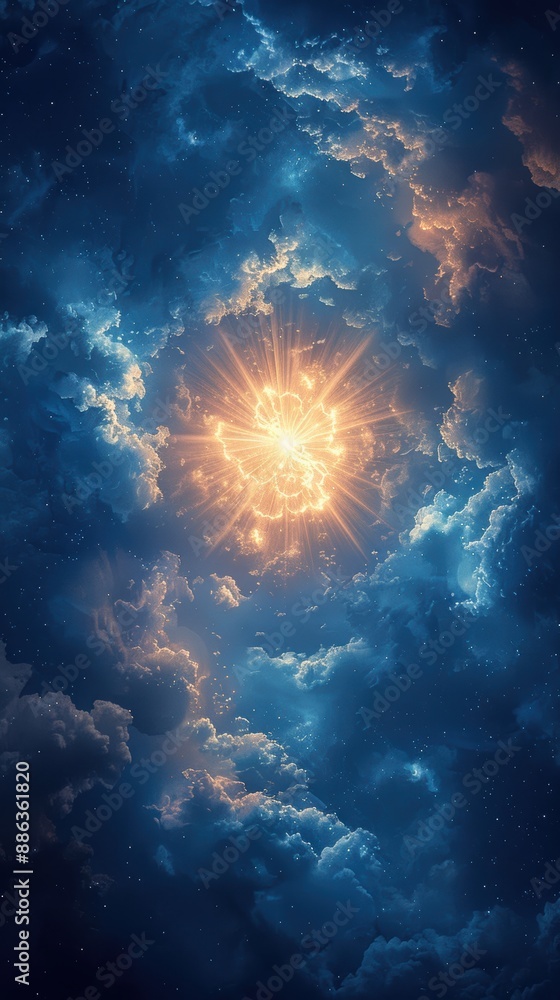 Fototapeta premium Anime-inspired dynamic sunburst, blue concentric elements, flat 2D abstract background.