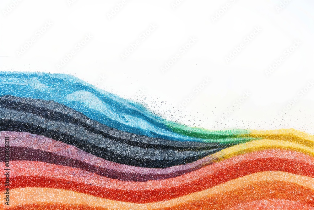 Close up of stripes of rainbow coloured sand and copy space on white background Close up of stripes of rainbow coloured sand and copy space on white background