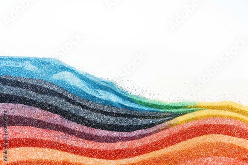 Close up of stripes of rainbow coloured sand and copy space on white background