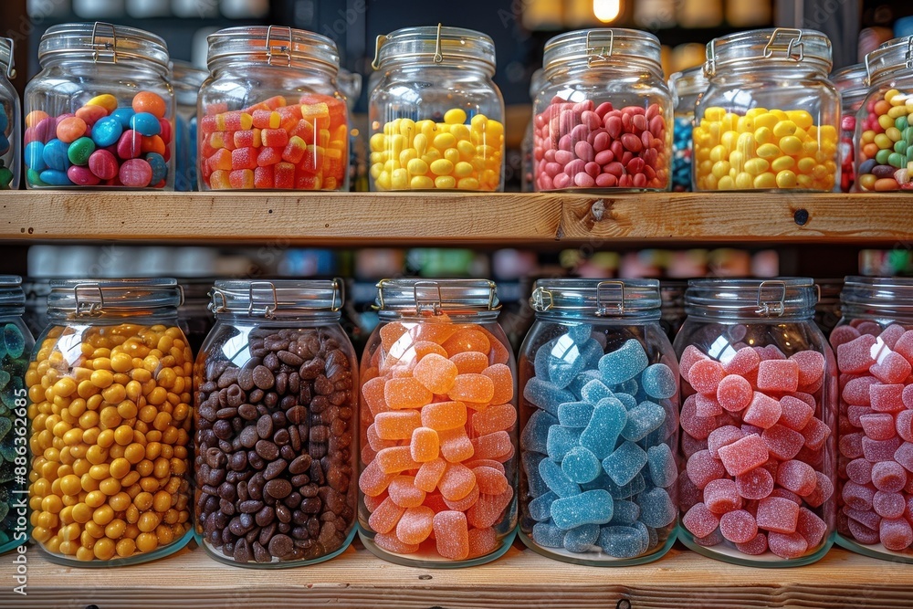 A vibrant candy store display with jars filled with different types of candies, including licorice, gumdrops, and taffy. A vibrant candy store display with jars filled with different types of candies, including licorice, gumdrops, and taffy.