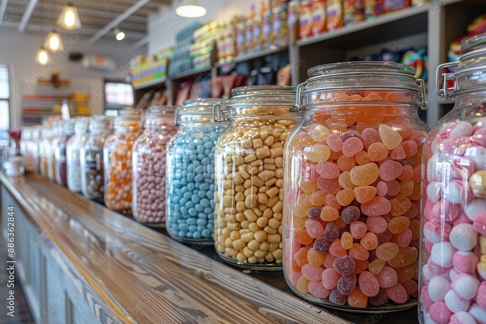 A vibrant candy store display with jars filled with different types of candies, including licorice, gumdrops, and taffy. A vibrant candy store display with jars filled with different types of candies, including licorice, gumdrops, and taffy.
