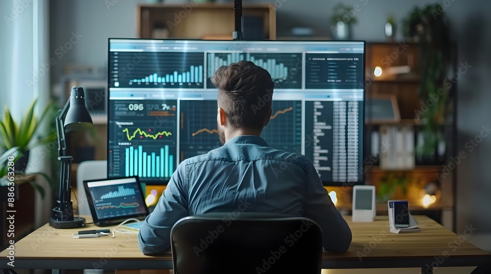Entrepreneur Analyzing E Commerce Data in Sleek Home Office with Digital Dashboards Entrepreneur Analyzing E Commerce Data in Sleek Home Office with Digital Dashboards