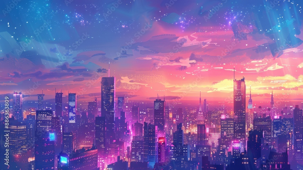 Fototapeta premium City Skyline Background: Bustling cityscape at dusk, skyscrapers illuminated by vibrant lights against a starry night sky. 