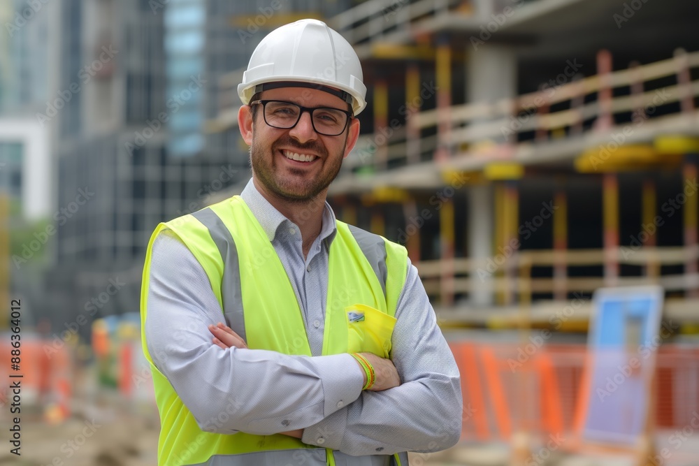 Confident Male Engineer Smiling with Crossed Arms at Construction Site Confident Male Engineer Smiling with Crossed Arms at Construction Site